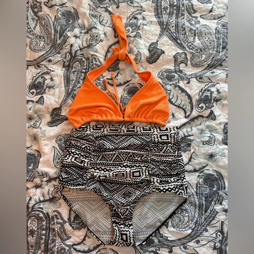 Women’s high waisted bikini bottom and triangle tie top mix brand set
